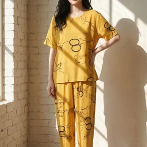 Yellow Ring Printed Capri Night Suit